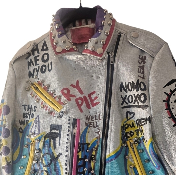 Azalea Wang Phoenix Moto Jacket Studded Graffiti Painted Cropped  Silver, Small - Picture 2 of 15